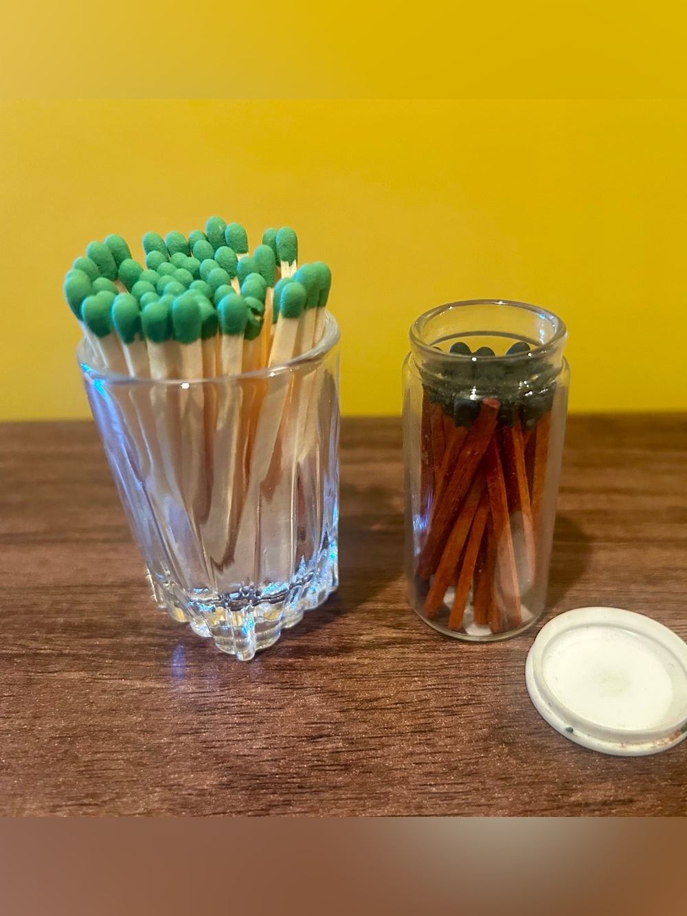 💙 Restyle!!! Bundle of 2 vintage glass & container w lid wood matches and strike
